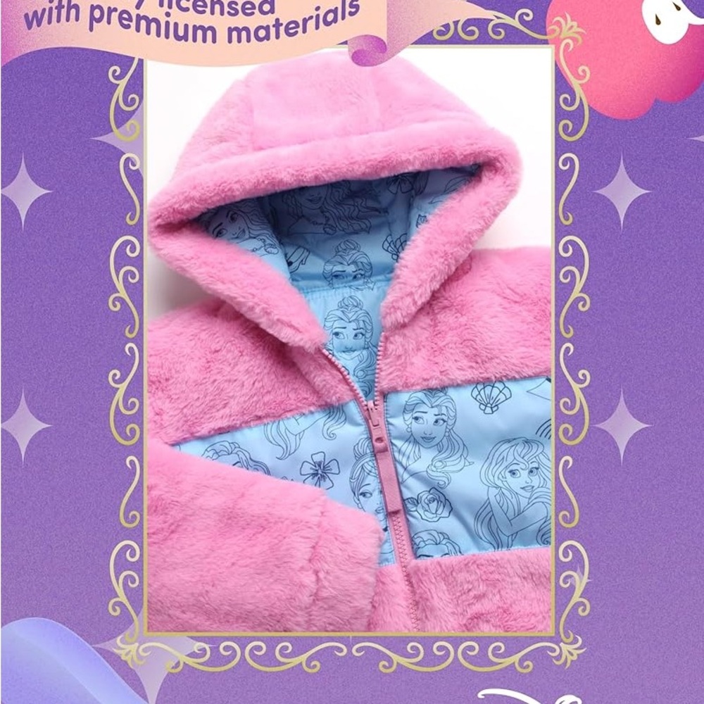 ❤️Disney Girls Puffer/Faux Fur Hooded Reversible Jacket Size 4 (NWT) - Picture 14 of 16
